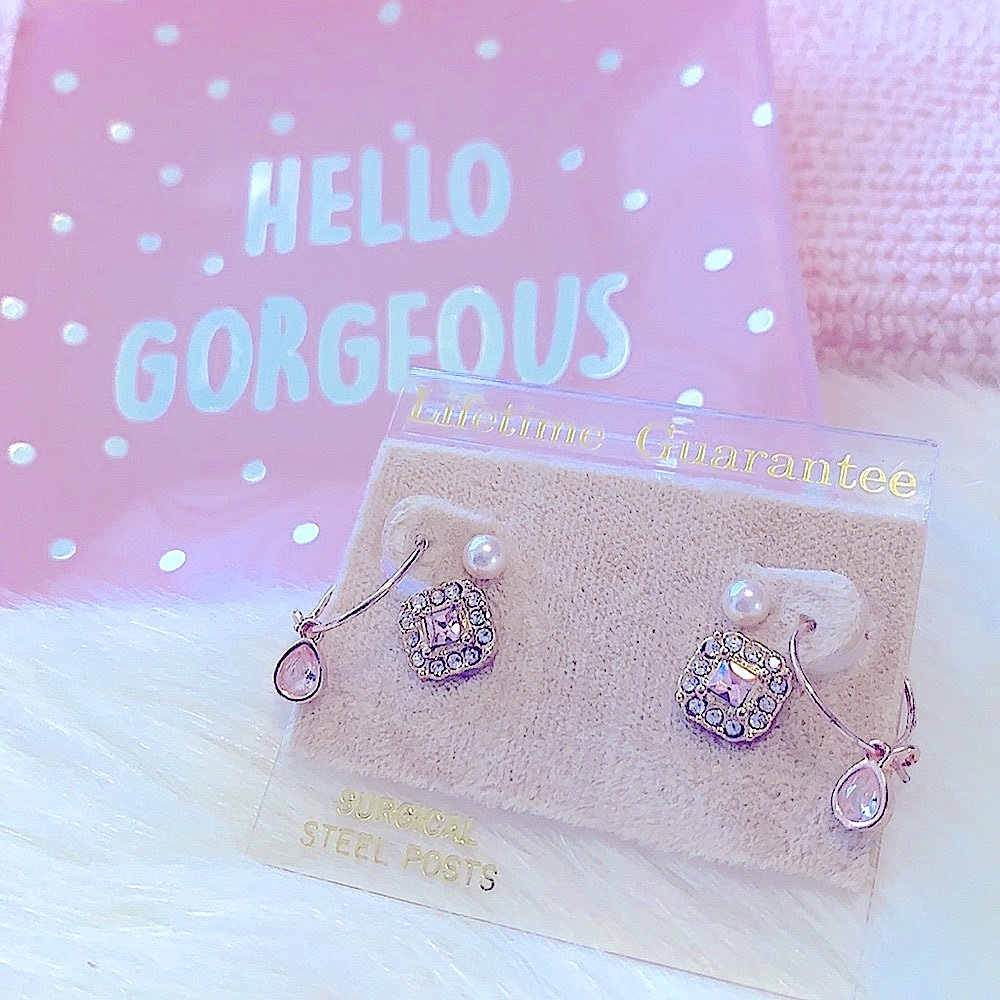 New & Lovely» 3pairs of Dainty Pink Rose Gold Earrings Set;•Pearls •Hoop •Square